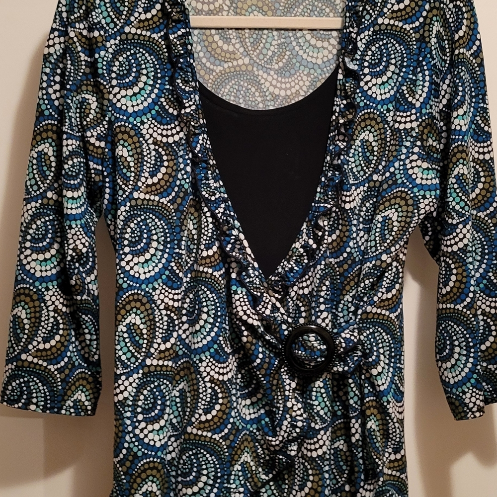 Notations Faux Wrap Boho Multicolor Dot Design Blouse SIZE M